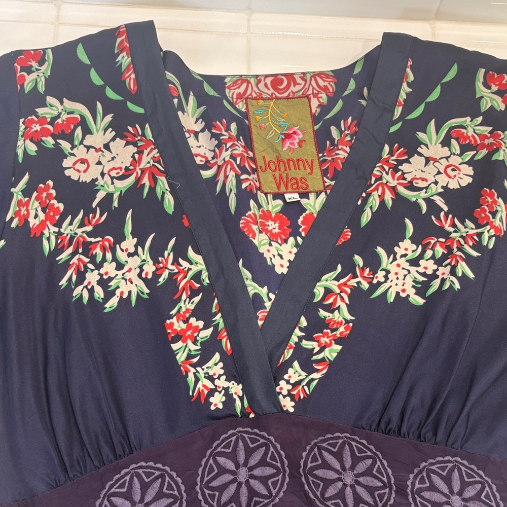 Johnny Was Navy Floral V-Neck Midi Dress with Red & Cream Accents